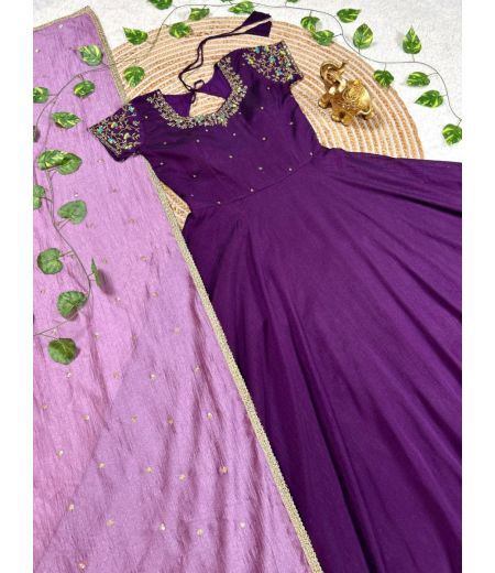 DB496 Beautiful Soft Vichitra Silk Maggam Handwork Designer Gowns.