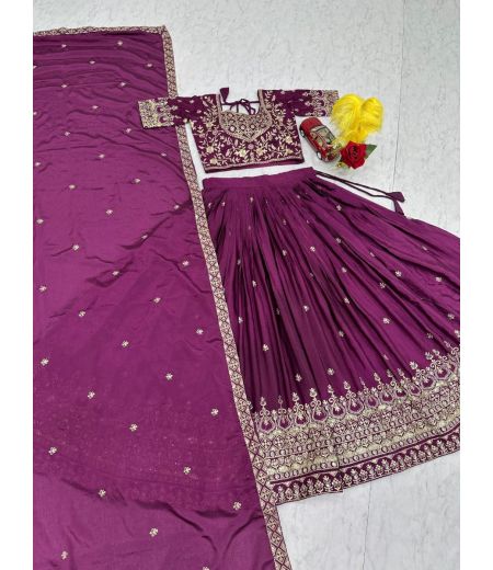 DB497 Beautiful Soft Chinon Sequence Emorodairy Thread Work Designer Lehenga Sets.