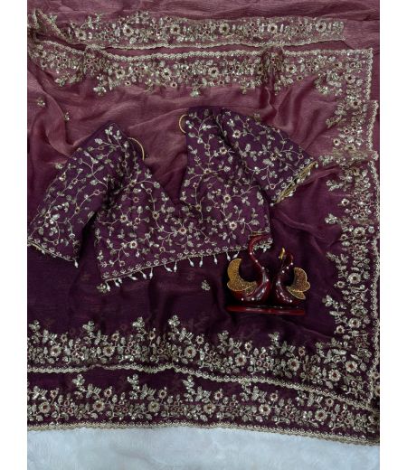 DB519 Beautiful Soft Sattin Chiffon Sequence Emboridary Work Celebrity Inspired Sarees with Designer Stitched Blouse.