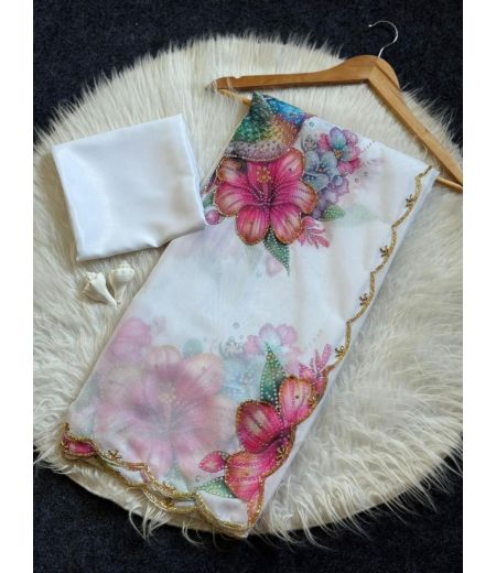 DB522 Beautiful Soft Tebby Silk Floral Printed Hand Cutdana Work Celebrity Inspired Sarees.(Blouse Unstitched)