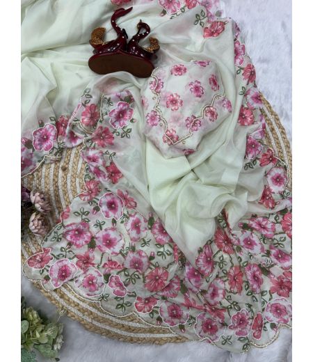 DB521 Beautiful Soft Tabby Silk Floral Printed Hand Cutdana Work Celebrity Inspired Sarees.