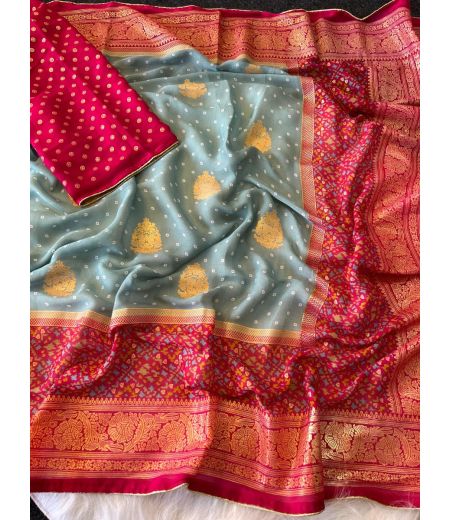DB527 Beautiful Soft Marshmallow Silk Bandhani Foil Printed Celebrity Inspired Sarees.