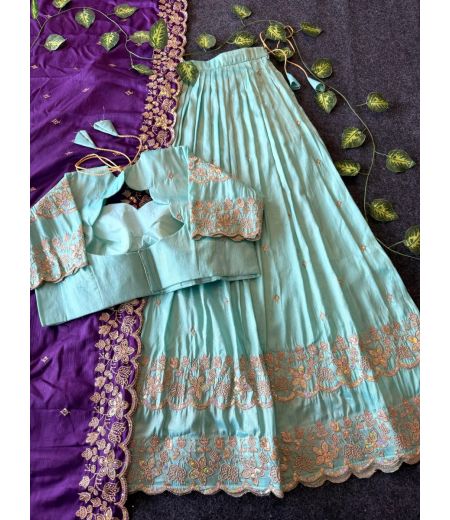 DB575 Beautiful Soft Viscose Tissue Silk Embroidery Work Designer Lehenga Sets.