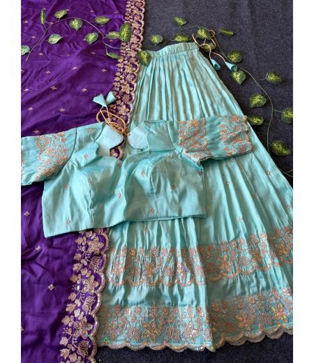 DB575 Beautiful Soft Viscose Tissue Silk Embroidery Work Designer Lehenga Sets.