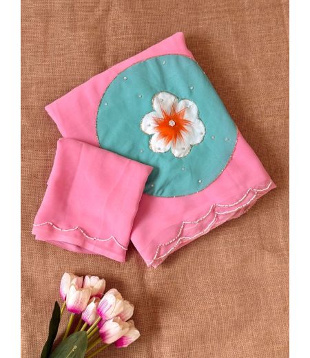 DB579 Beautiful Soft Georgette Handbrush Painted Handwork Celebrity Inspired Sarees.