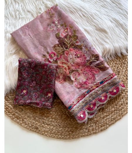 DB603 Beautiful Soft Tebby Silk Floral Digital Printed Sequence Diamond Work Celebrity Inspired Saree.