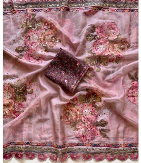 DB603 Beautiful Soft Tebby Silk Floral Digital Printed Sequence Diamond Work Celebrity Inspired Saree.