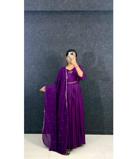 DB616 Beautiful Soft Vichitra Silk  Handwork Designer Gown Sets.