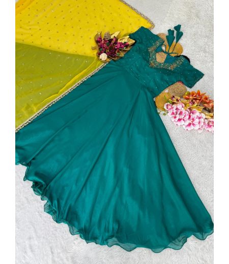 DB637 Beautiful Soft Vichitra Silk Maggam Handwork Designer Gown Sets.