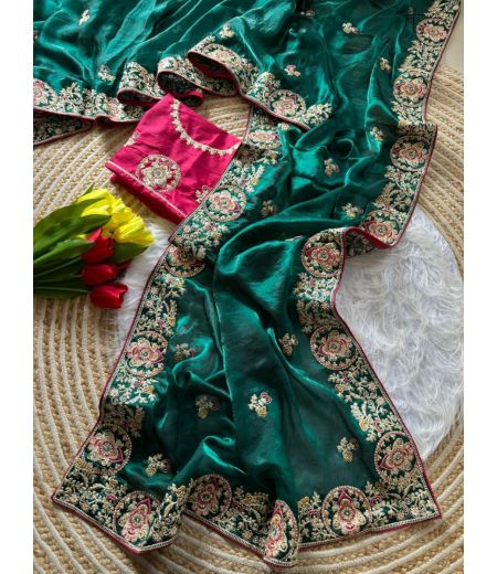 DB646 Beautiful Soft Sattin Silk Golden Embroidery Jarkan Work Celebrity Inspired Sarees.