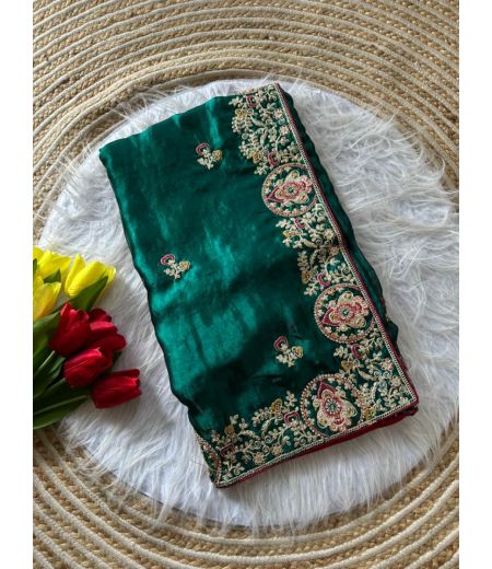 DB646 Beautiful Soft Sattin Silk Golden Embroidery Jarkan Work Celebrity Inspired Sarees.