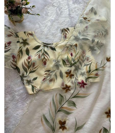 DB666 Beautiful Soft Organza Floral Hand Printed Hand Cutdana Work Celebrity Inspired Sarees.(Blouse Unstitched)