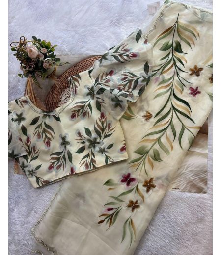 DB666 Beautiful Soft Organza Floral Hand Printed Hand Cutdana Work Celebrity Inspired Sarees.(Blouse Unstitched)