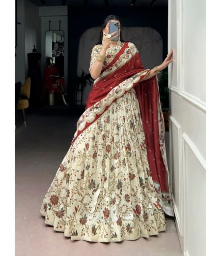 DB675 Beautiful Soft Tasar Silk Floarl Printed Celebrity Inspired Lehenga Sets.