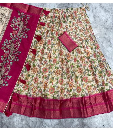 DB690 Beautiful Soft Jacquard Cotton Silk Kalamkari Printed Designer Half Saree~Lehenga Sets.