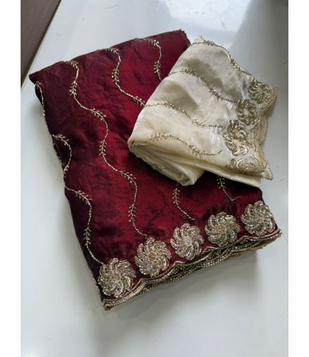 DB691 Beautiful Soft Space Sattin Silk Sequence Bits Work Celebrity Inspired Sarees.