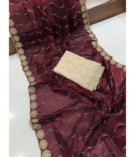 DB691 Beautiful Soft Space Sattin Silk Sequence Bits Work Celebrity Inspired Sarees.