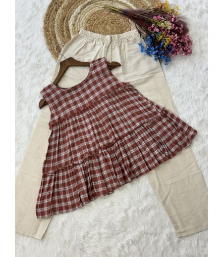 DB702 Beautiful Soft Chex Linen Cotton Designer Top Bottom Dress Sets.