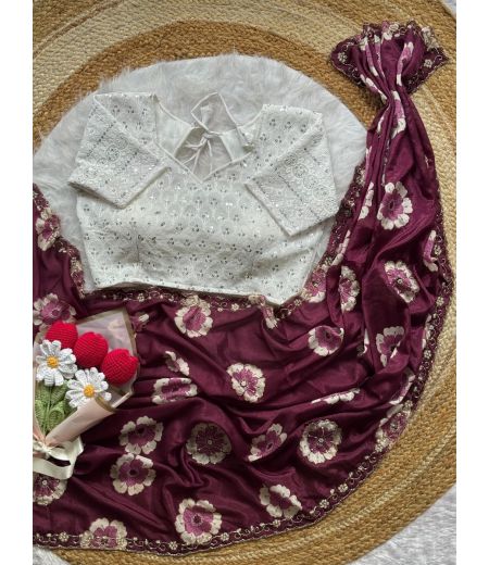 DB701 Beautiful Soft Chinon Digital Printed Hand Moti Cut-Dana Work Celebrity Inspired Sarees with Designer Stitched Blouse.