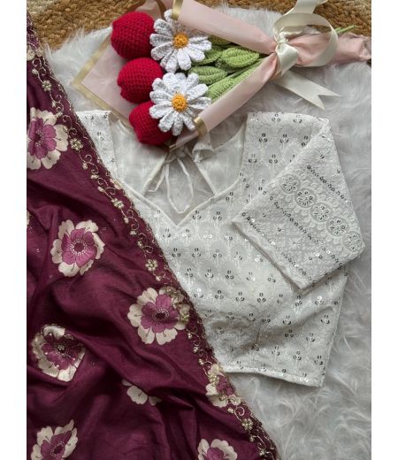 DB701 Beautiful Soft Chinon Digital Printed Hand Moti Cut-Dana Work Celebrity Inspired Sarees with Designer Stitched Blouse.