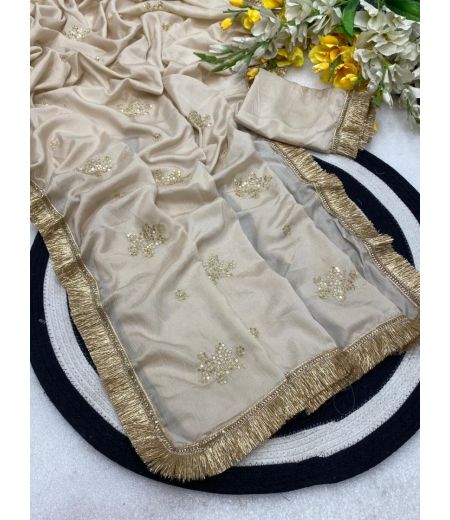DB699 Beautiful Soft Chinnon Silk Embroidery Work Celebrity Inspired Saree with Designer Lace Border.