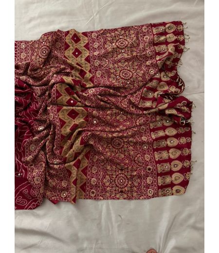 DB711 Beautiful Soft Sattin Silk Ajrakh Printed Mirror Work Celebrity Inspired Saree.