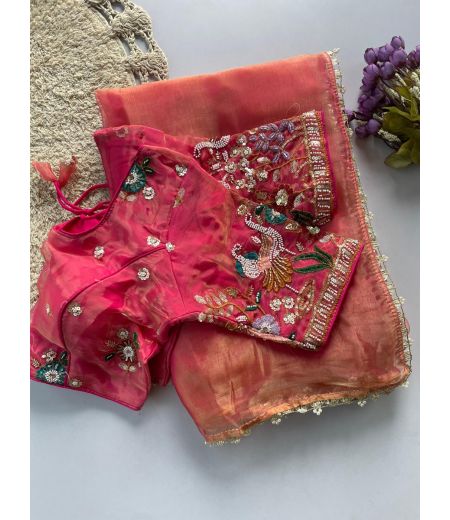 DB730 Beautiful Soft Organza Silk Handcrafted Celebrity Inspired Sarees.(Blouse Unstitched)