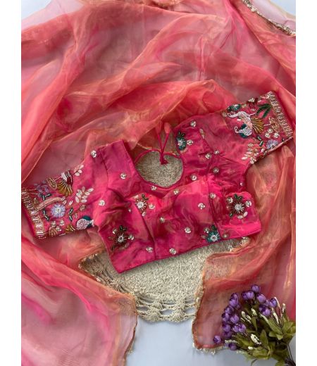 DB730 Beautiful Soft Organza Silk Handcrafted Celebrity Inspired Sarees.(Blouse Unstitched)