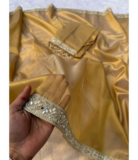 DB737 Beautiful Soft Banarasi Tissue Silk Zari Weaving Celebrity Inspired Sarees with Handwork Lace Border.