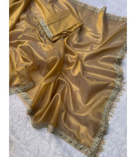 DB737 Beautiful Soft Banarasi Tissue Silk Zari Weaving Celebrity Inspired Sarees with Handwork Lace Border.