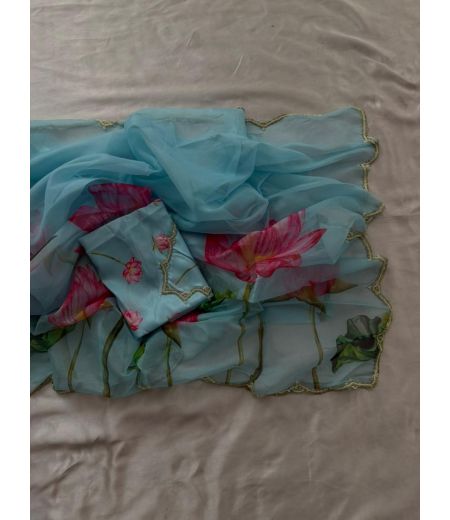 DB736 Beautiful Soft Tabby Silk Floral Printed Hand Cutdana Work Celebrity Inspired Sarees.