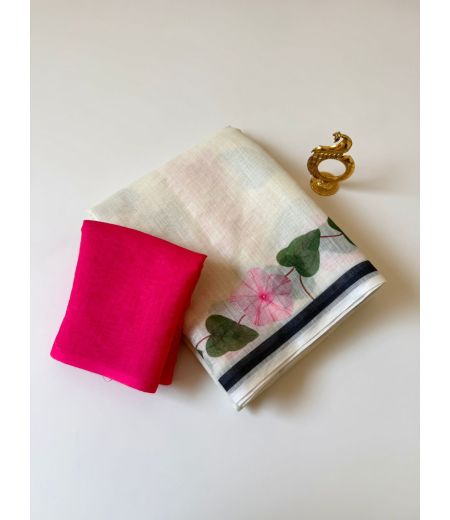 DB744 Beautiful Soft Linen Cotton Elegant Printed Celebrity Inspired Sarees.