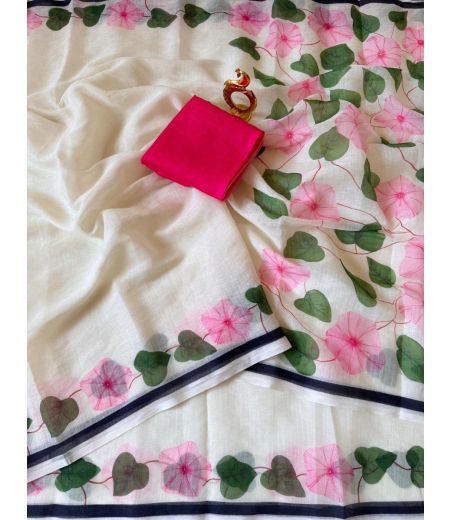 DB744 Beautiful Soft Linen Cotton Elegant Printed Celebrity Inspired Sarees.