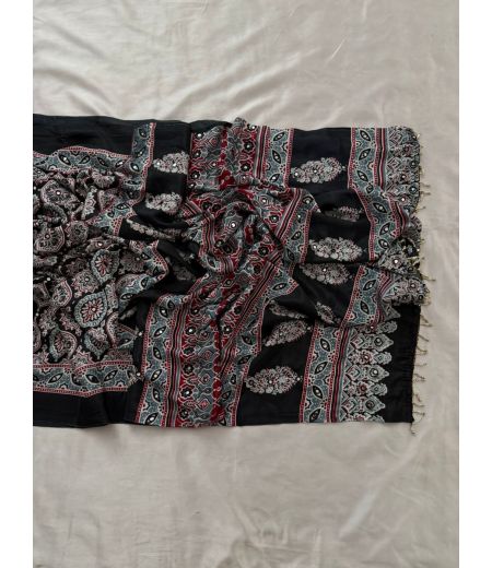 DB749 Beautiful Soft Satin Ajrakh Printed Mirror Work Celebrity Inspired Saree.