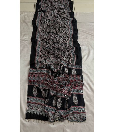 DB749 Beautiful Soft Satin Ajrakh Printed Mirror Work Celebrity Inspired Saree.