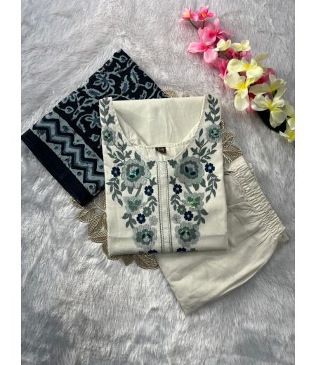 DB757 Beautiful Soft Handloom Cotton Embroidery Work Designer Kurti Sets.