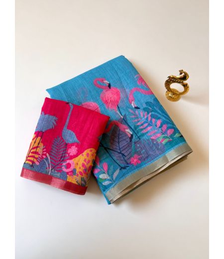 DB754 Beautiful Soft Linen Elegant Printed Summer Sarees.