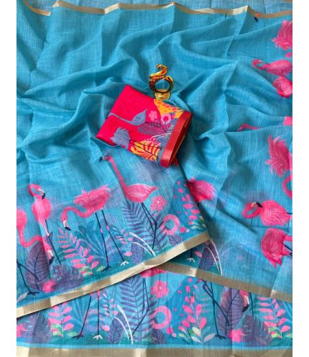 DB754 Beautiful Soft Linen Elegant Printed Summer Sarees.