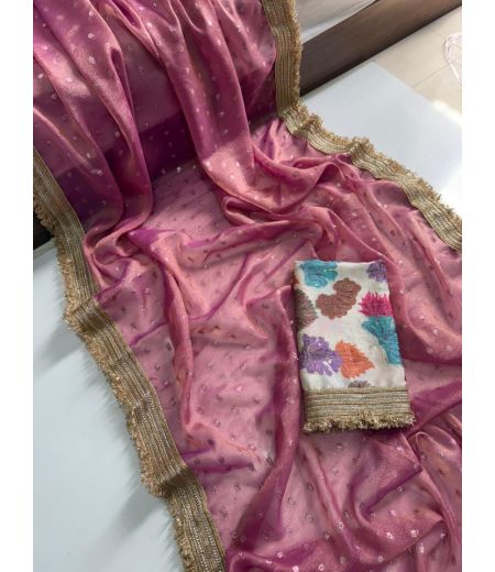 DB752 Beautiful Soft Moss Silk Zari Butti Weaving Celebrity Inspired Sarees with Designer Lace Border.