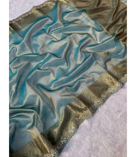 DB756 Beautiful Soft Banarasi Tissue Silk Zari Weaving Celebrity Inspired Saree with Handwork Lace Border.