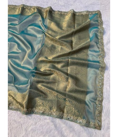 DB756 Beautiful Soft Banarasi Tissue Silk Zari Weaving Celebrity Inspired Saree with Handwork Lace Border.