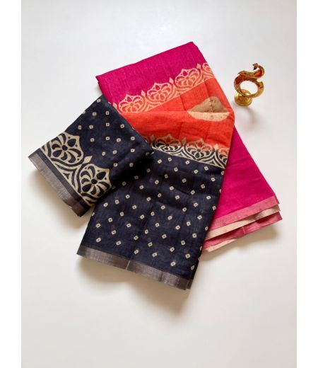 DB766  Beautiful Soft Linen Cotton Elegant Printed Summer Sarees.