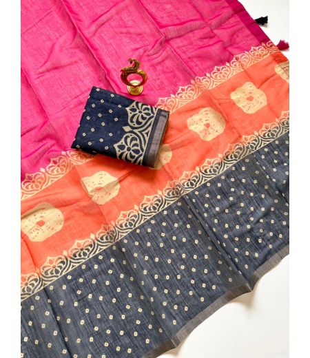 DB766  Beautiful Soft Linen Cotton Elegant Printed Summer Sarees.