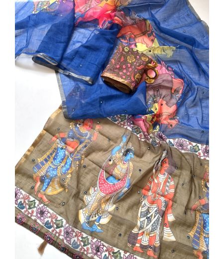 DB765 Beautiful Soft Cotton Linen Digital Printed Foil Mirror Work Celebrity Inspired Saree.
