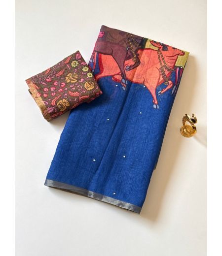 DB765 Beautiful Soft Cotton Linen Digital Printed Foil Mirror Work Celebrity Inspired Saree.