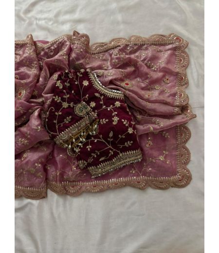 DB760 Beautiful Soft Sartin Silk Embroidery Work Saree with Designer Stitched Blouse.