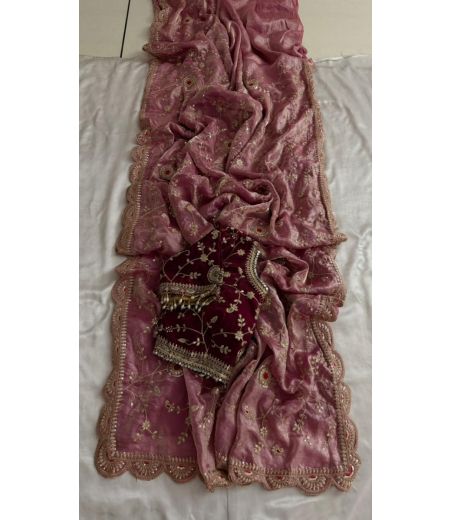 DB760 Beautiful Soft Sartin Silk Embroidery Work Saree with Designer Stitched Blouse.