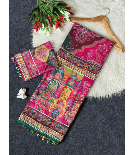 DB767  Beautiful Soft Roman Silk Ajrakh Printed Mirror Work Celebrity Inspired Sarees.