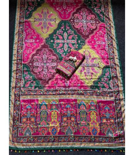 DB767  Beautiful Soft Roman Silk Ajrakh Printed Mirror Work Celebrity Inspired Sarees.