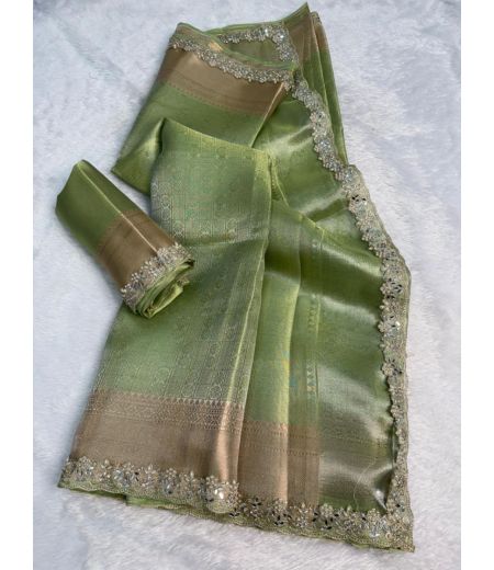 DB771 Beautiful Soft Kanjiviram Tissue Silk Zari Weaving Celebrity Inspired Sarees with Designer Handwork Lace Border.